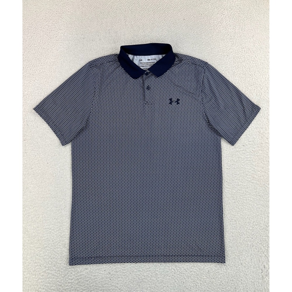 Under Armour Performance Polo Shirt Mens Small Blue Geometric Golf Knit Stretch